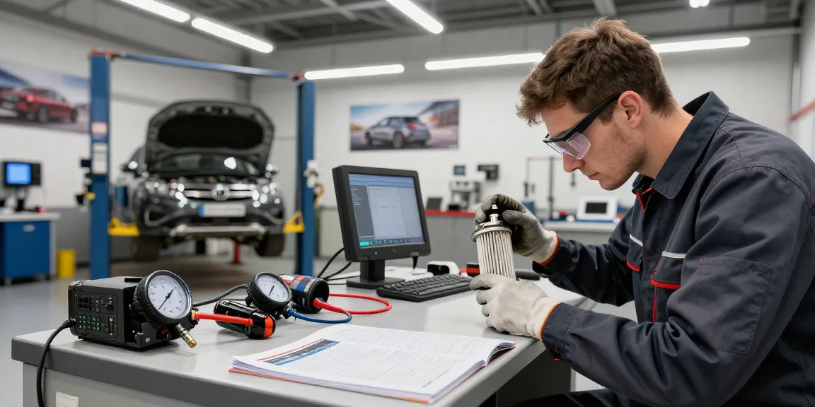 DPF Reinigung Hannover Fachtechniker bewertet den Dieselpartikelfilter in einer Kfz-Werkstatt.