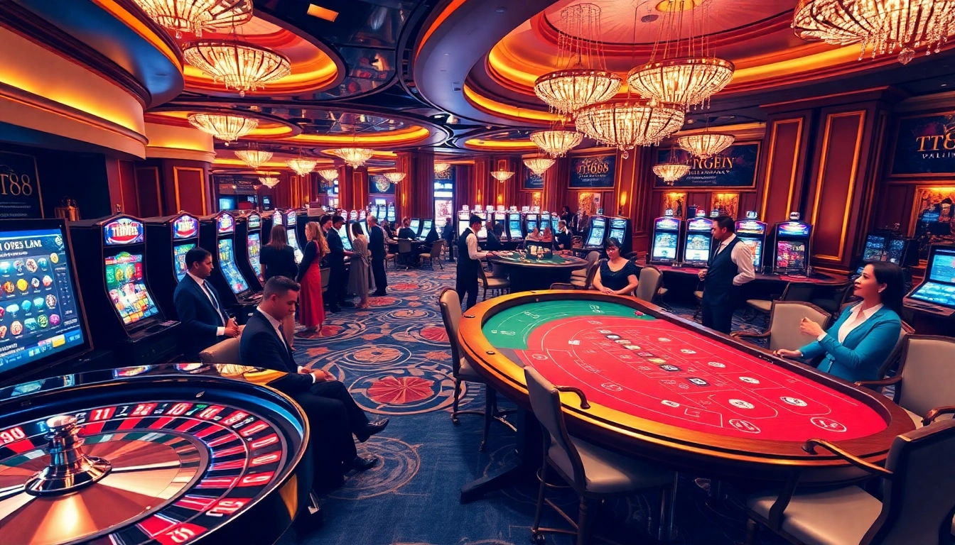 Players winning big at TT88 casino, surrounded by vibrant slot machines and roulette tables.