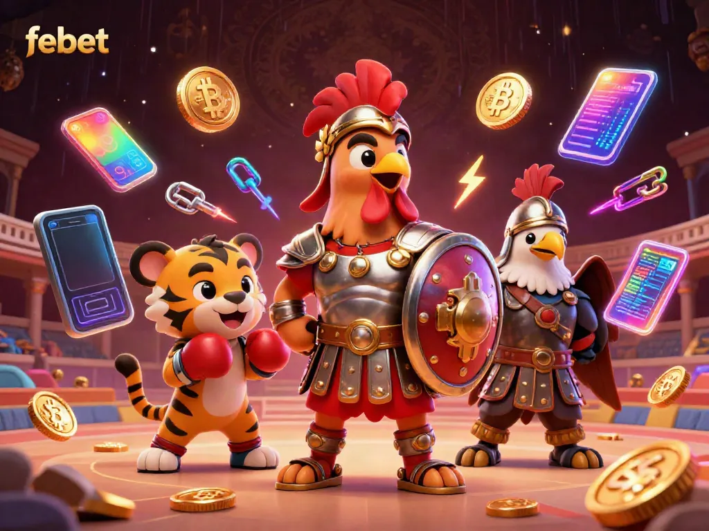 Depicting febet's vibrant casino scene with a gladiator rooster, crypto elements, and intense energy.