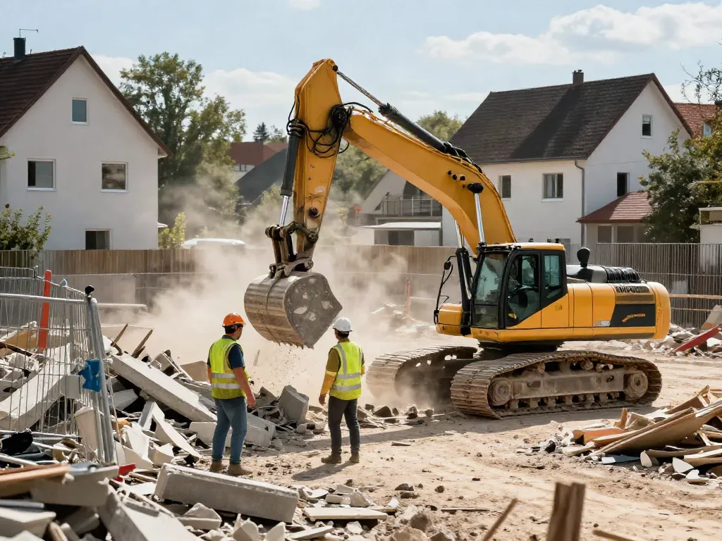 Abbruch Kosten und Baustellenmanagement mit schwerer Bautechnik und Arbeitern bei einem Hausabriss