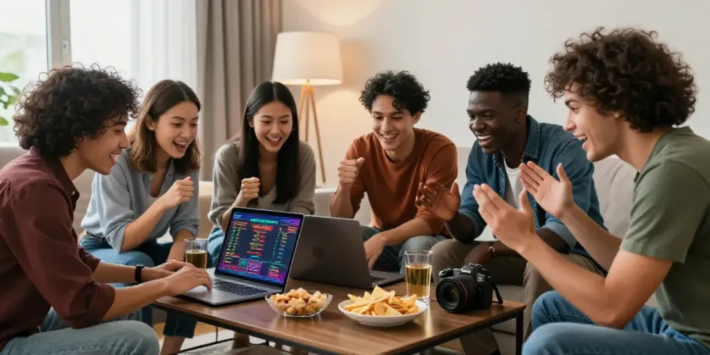 Friends excitedly engaging in online betting with Alternatif Bola88 on a laptop in a cozy living room.