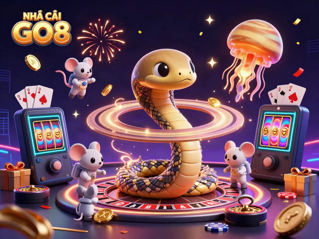 Experience the vibrant excitement of NHÀ CÁI GO8 with an energetic casino-themed 3D illustration.