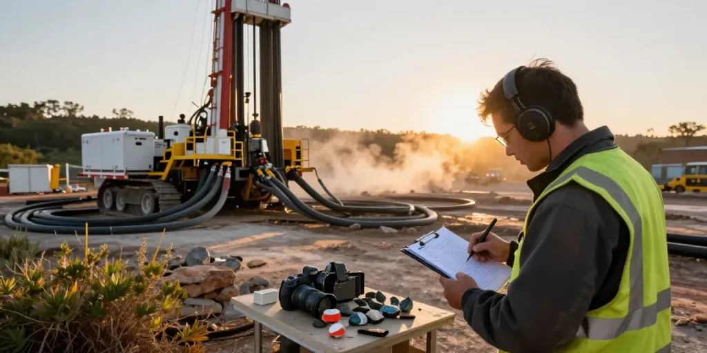 Techniker bei Geothermie Bohrung mit Bohrgerät und Erdproben im Fokus