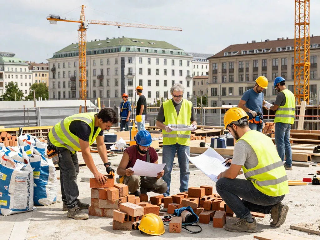 Professionelles Team einer Baufirma Wien auf einer Baustelle in Wien bei der Arbeit.