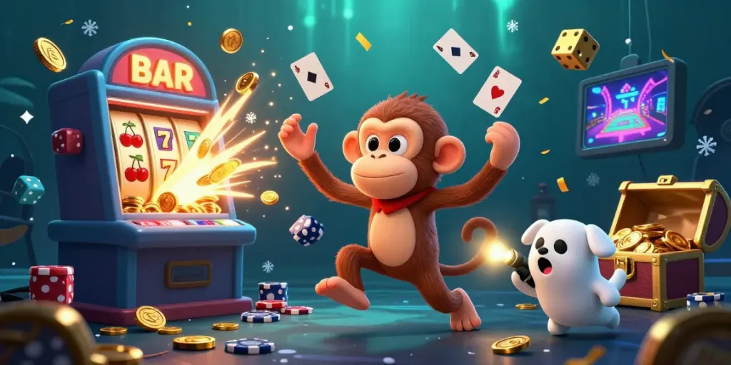 Experience the thrilling casino adventure of Sanclub with a playful ghost-hunter puppy and a mischievous monkey juggling golden treasures.