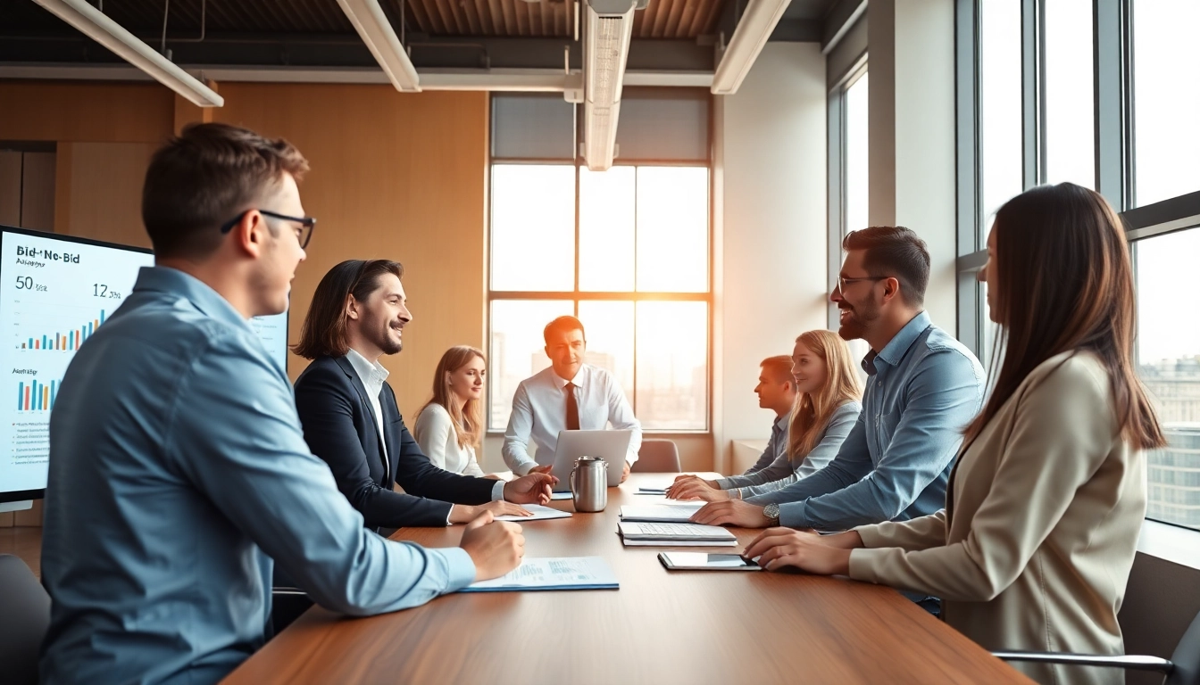 Evaluate Bid-No-Bid Analysis with professionals collaborating in a modern setting.