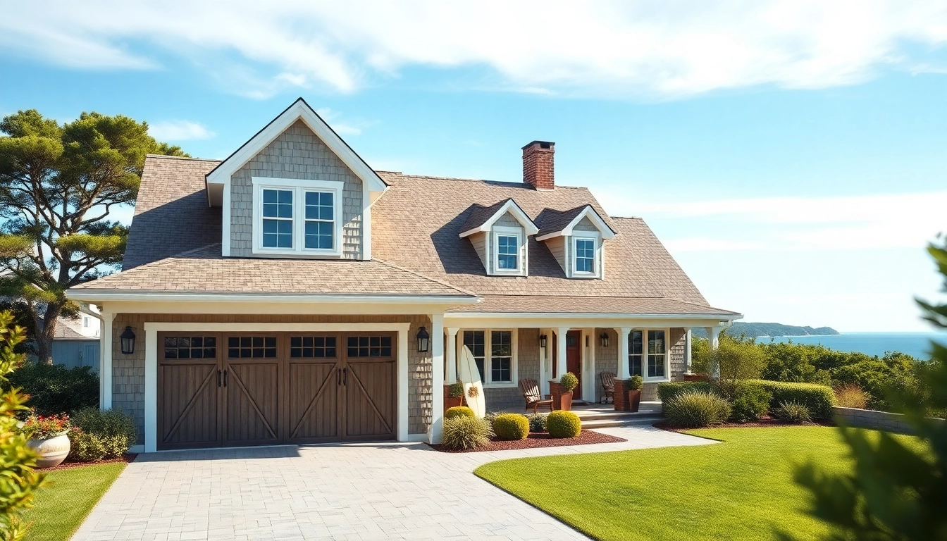 A stunning cape cod home showcasing its attached garage with coastal charm.