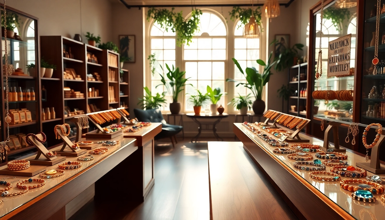 Stunning collection of jewelry displayed in a spiritual jewelry shop, showcasing healing pieces.