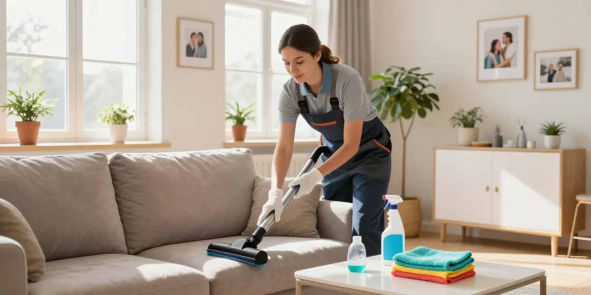 Professional cleaner performing wohnungsreinigung solothurn in bright and inviting living room, showcasing eco-friendly products and a warm atmosphere.