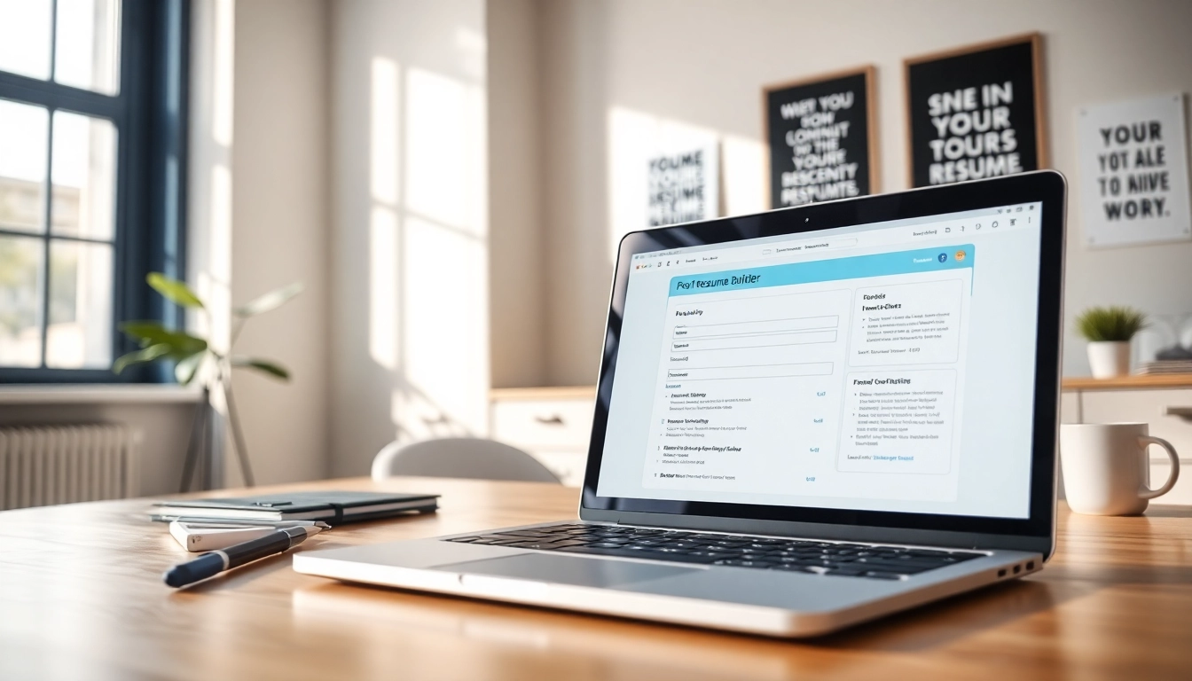 Build your perfect resume with our Resume Builder showcased on a laptop in a professional office.
