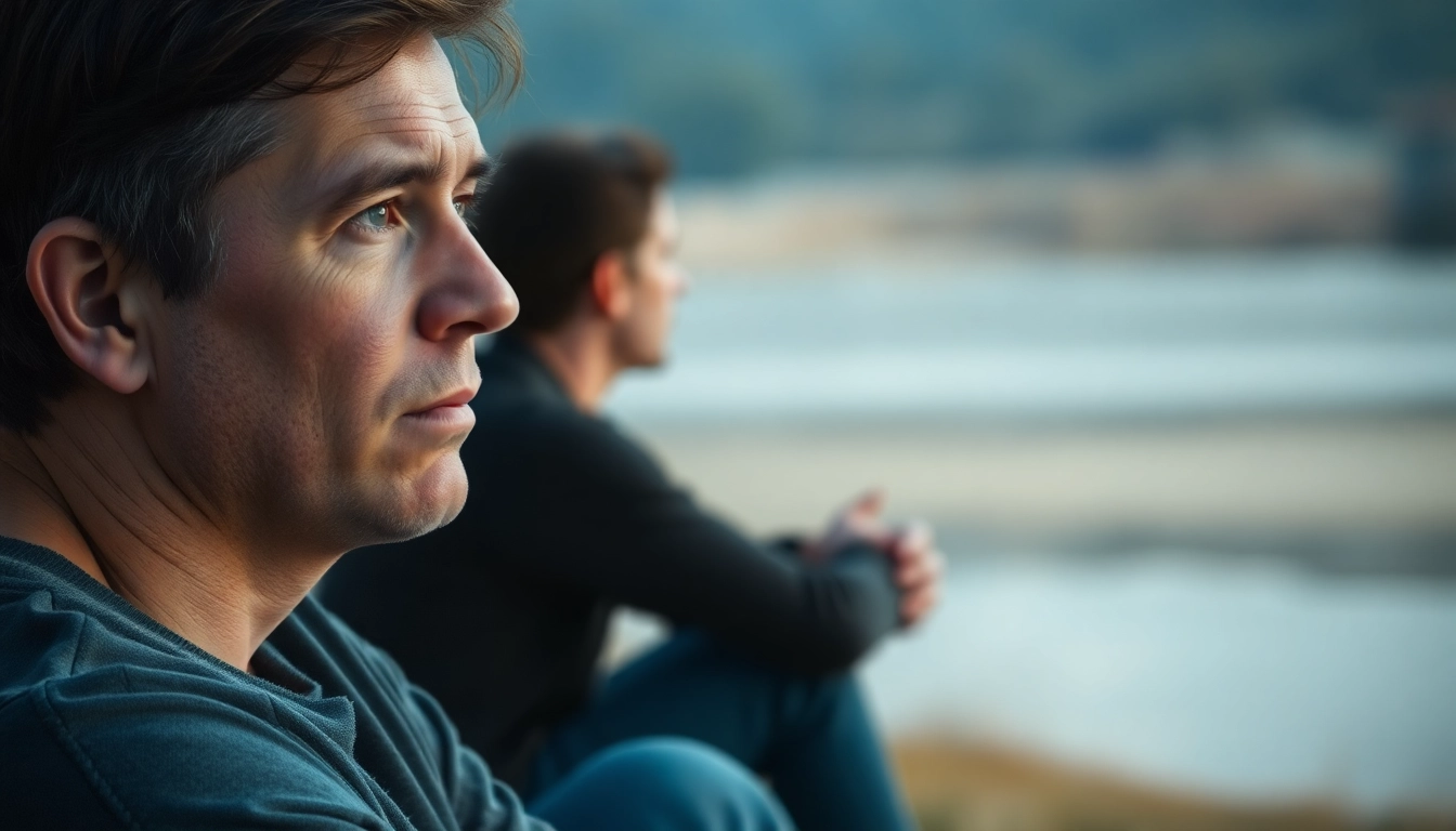 Individual reflecting on depression symptoms in a tranquil setting, emphasizing emotional weight.