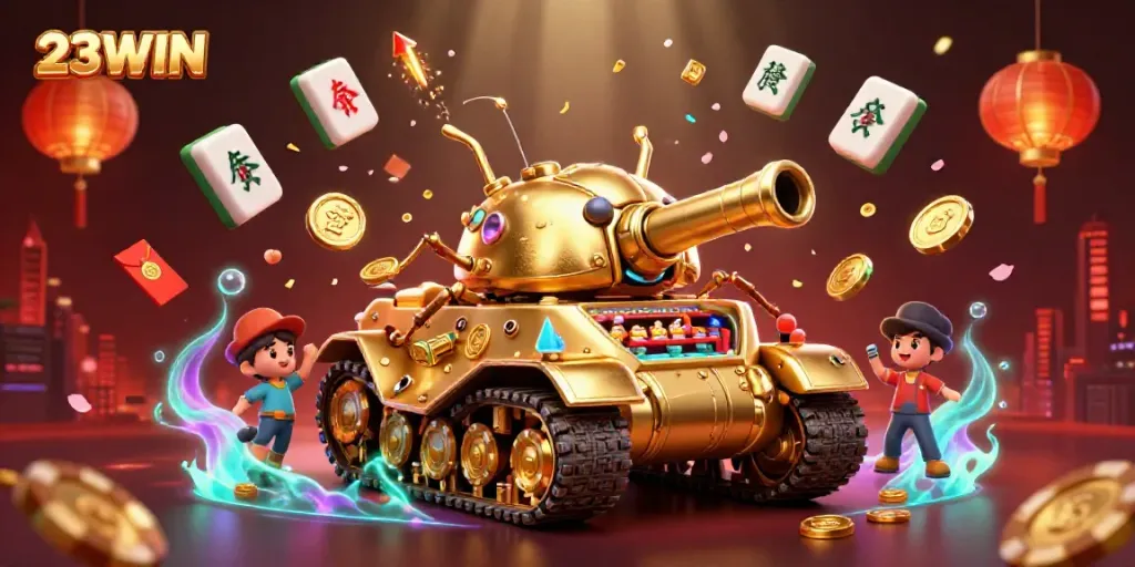 Experience the thrill at 23WIN as gold confetti bursts from a tank-shaped casino.