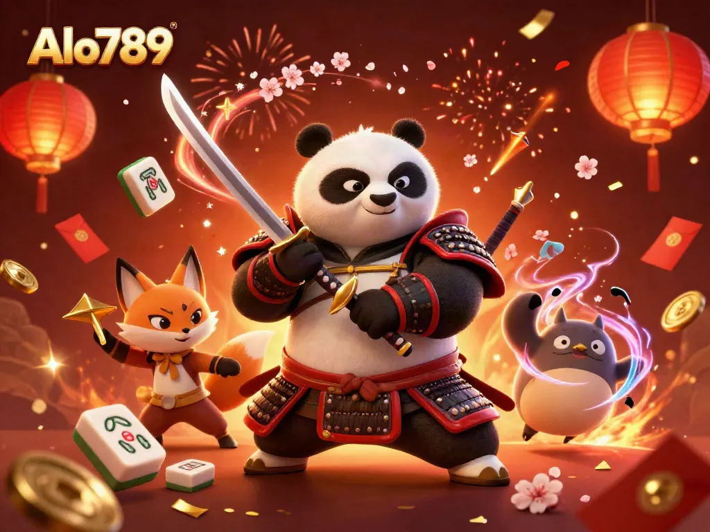 Alo789 action scene with a samurai panda and ninja fox throwing shuriken amidst festive symbols and gaming elements.