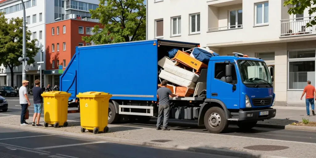 Sperrmüllabholung Berlin mit Arbeitern, die Möbel und Abfälle abladen, und einem Recyclingfahrzeug.