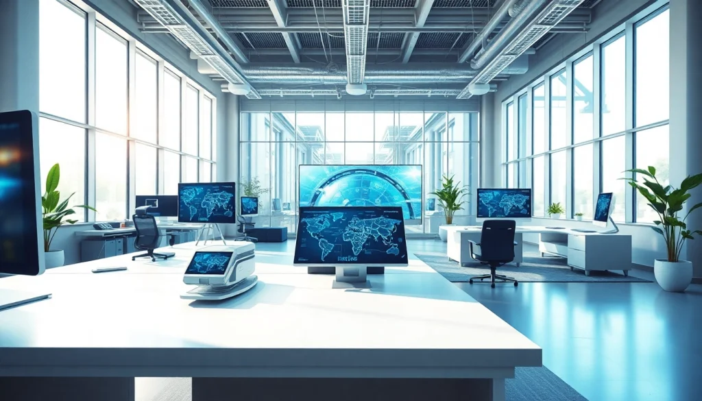 Showcasing technology innovations with advanced devices in a modern workspace setting.