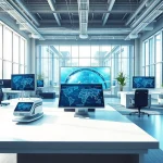 Showcasing technology innovations with advanced devices in a modern workspace setting.