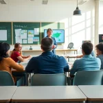 Education-focused collaboration in a vibrant classroom setting with diverse students engaging actively.