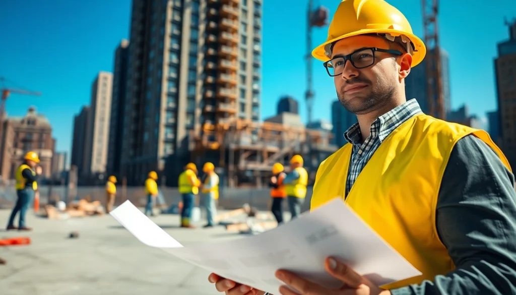 Manhattan Construction Manager leading construction project with blueprints on site.