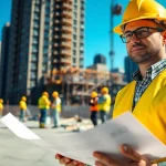 Manhattan Construction Manager leading construction project with blueprints on site.