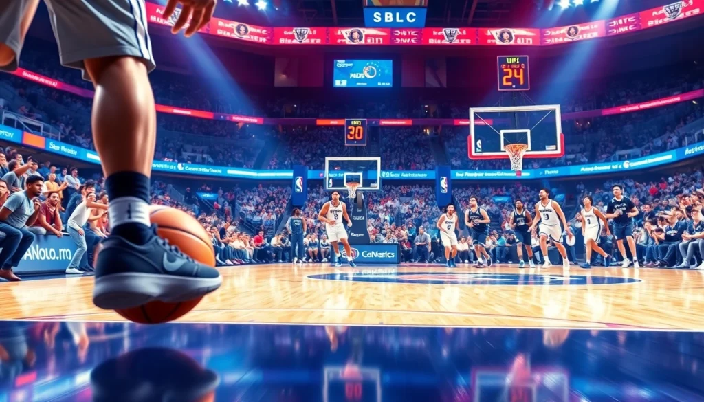 nba중계의 긴장감 넘치는 농구 경기 장면, 선수들이 코트에서 활발히 활동 중