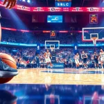 nba중계의 긴장감 넘치는 농구 경기 장면, 선수들이 코트에서 활발히 활동 중