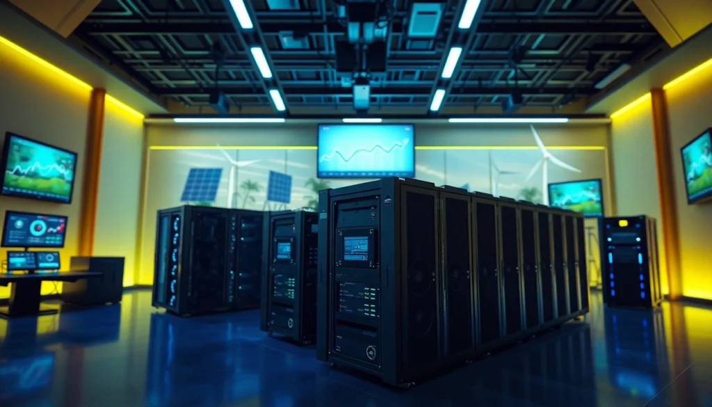 Showcasing top cloud mining technology in a high-tech facility with modern mining rigs and digital displays.