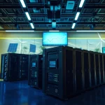 Showcasing top cloud mining technology in a high-tech facility with modern mining rigs and digital displays.