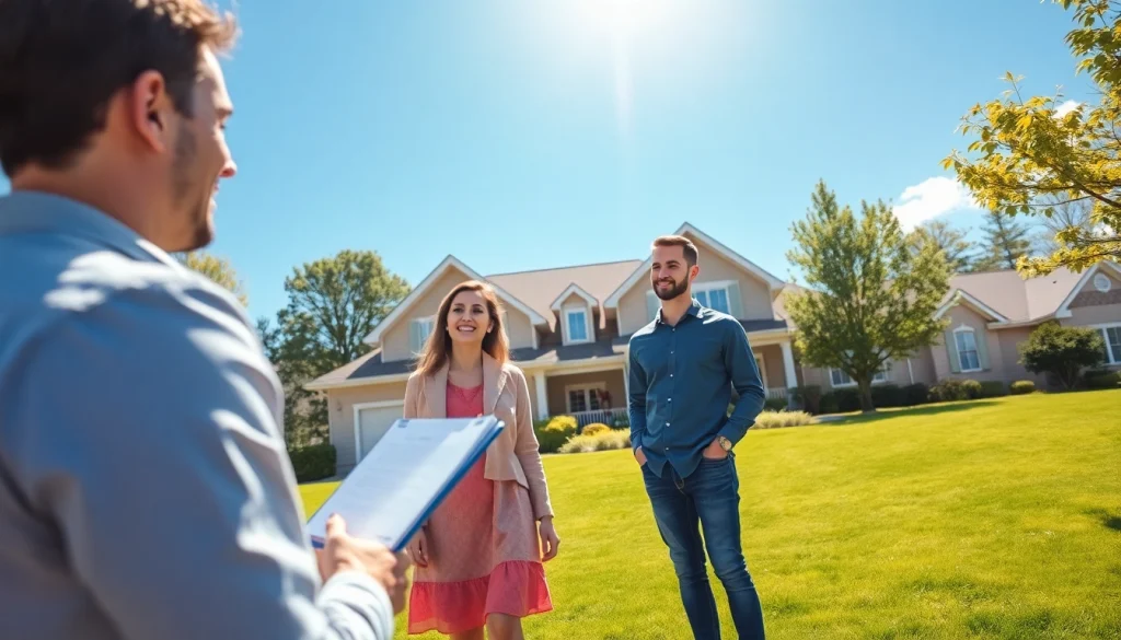 Real Estate agent presenting a beautiful home to excited couple in sunny suburban setting.