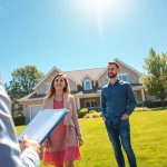 Real Estate agent presenting a beautiful home to excited couple in sunny suburban setting.