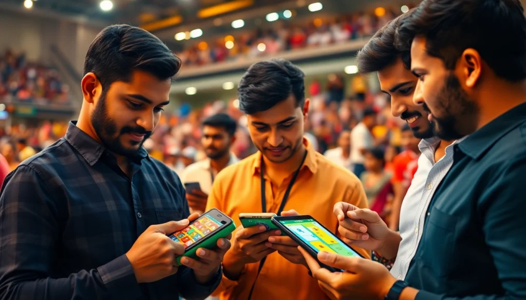 Engaging users exploring online sportsbooks India on mobile devices in a lively sports environment.
