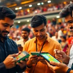 Engaging users exploring online sportsbooks India on mobile devices in a lively sports environment.