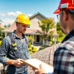 Professional roofing services assessment by a contractor on a residential roof in a sunny neighborhood.