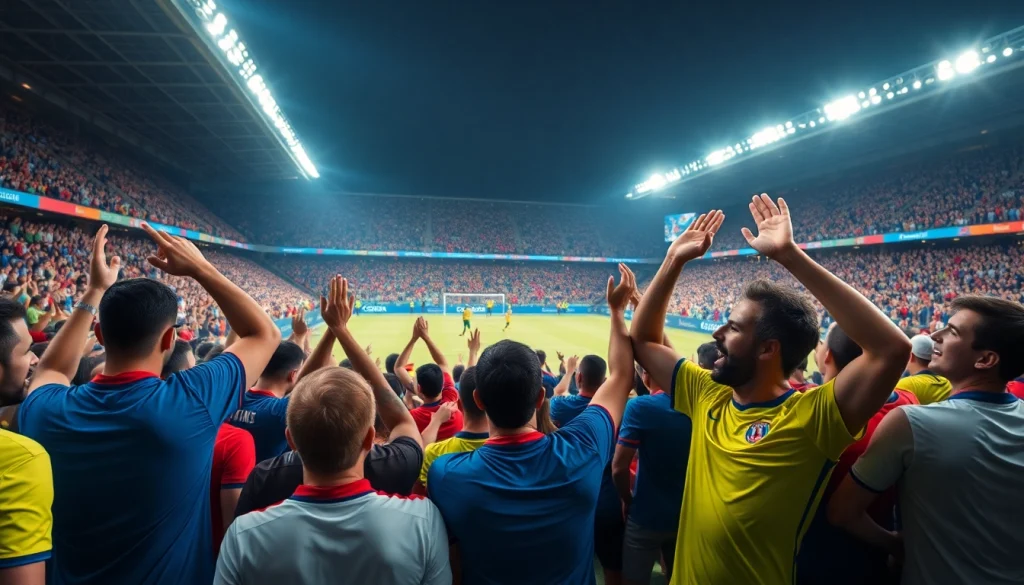 축구중계의 열정적인 팬들로 가득한 경기장 안 풍경