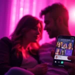 Intimate interaction showcasing sex chat ai on a smartphone with vibrant AI avatars.