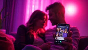 Intimate interaction showcasing sex chat ai on a smartphone with vibrant AI avatars.