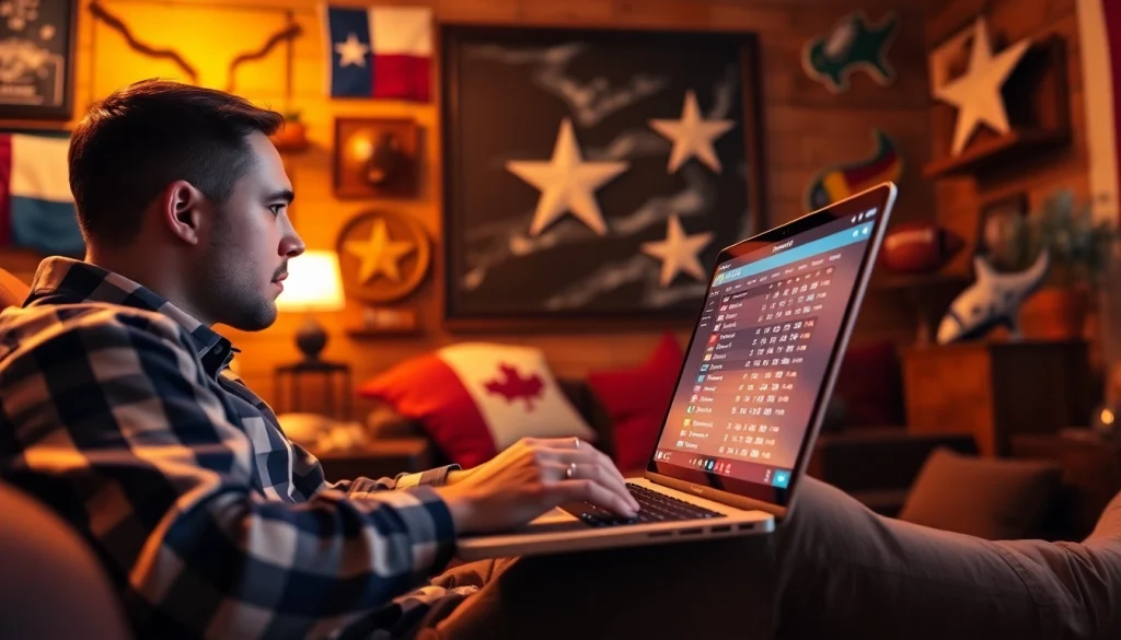 Engaging scene of online sports betting Texas with a laptop displaying sports odds and Texas decor.