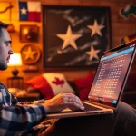 Engaging scene of online sports betting Texas with a laptop displaying sports odds and Texas decor.