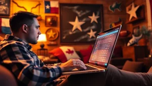 Engaging scene of online sports betting Texas with a laptop displaying sports odds and Texas decor.