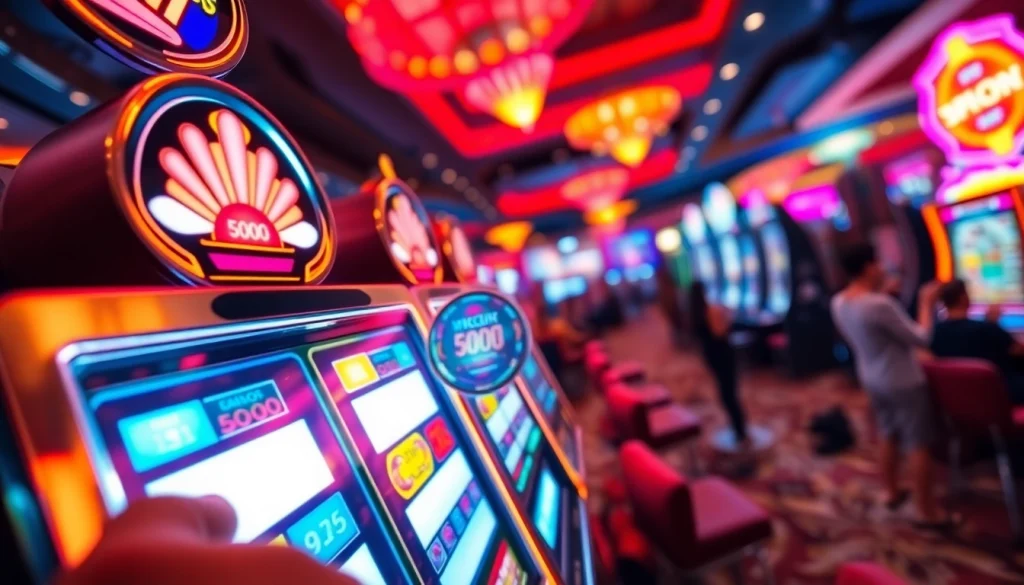 Menikmati slot pulsa 5000 dengan suasana kasino yang meriah dan penuh cahaya.