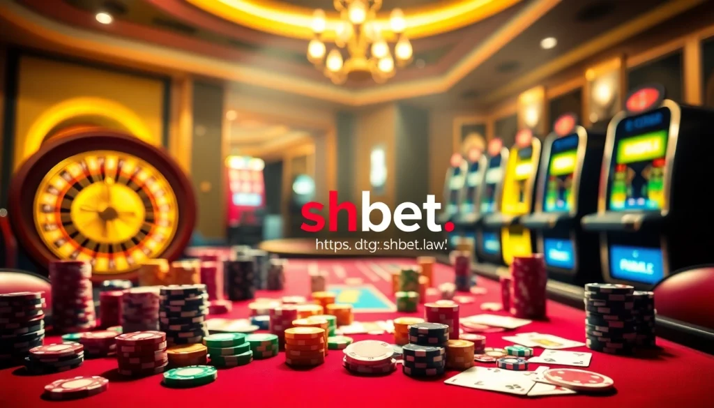 An exciting casino scene showcasing the thrill of betting at https://shbet.law/ with colorful poker chips and vibrant slot machines.
