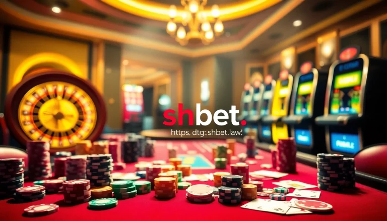 An exciting casino scene showcasing the thrill of betting at https://shbet.law/ with colorful poker chips and vibrant slot machines.