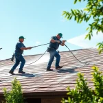 Roof cleaning by a professional team in Kissimmee, showcasing eco-safe methods with vibrant surroundings.