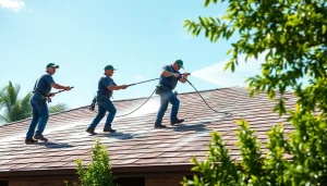 Roof cleaning by a professional team in Kissimmee, showcasing eco-safe methods with vibrant surroundings.