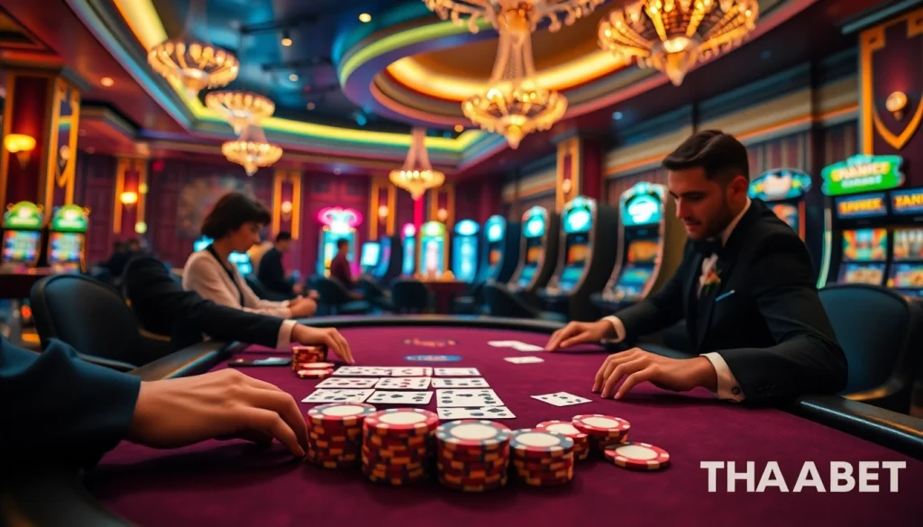 Players experiencing high stakes excitement at THABET poker table with vibrant casino ambiance.