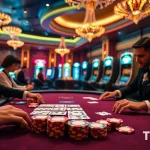 Players experiencing high stakes excitement at THABET poker table with vibrant casino ambiance.