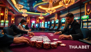 Players experiencing high stakes excitement at THABET poker table with vibrant casino ambiance.