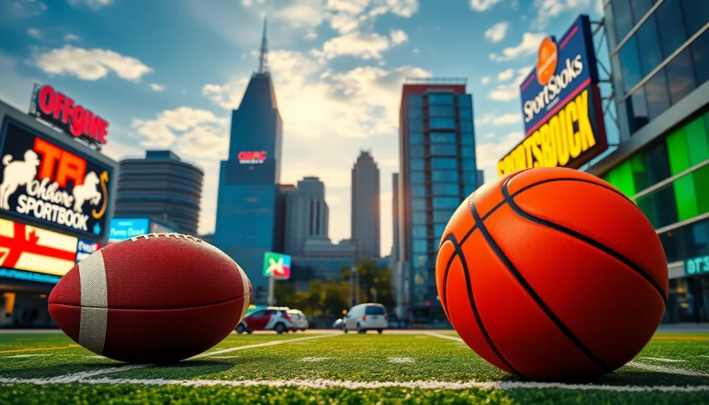 Engage in online sports betting Georgia with a vibrant urban skyline and dynamic sports elements.
