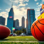 Engage in online sports betting Georgia with a vibrant urban skyline and dynamic sports elements.