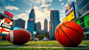 Engage in online sports betting Georgia with a vibrant urban skyline and dynamic sports elements.
