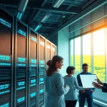 Dynamic scene of a modern cloud mining bitcoin facility powered by renewable energy, showcasing technology and sustainability.